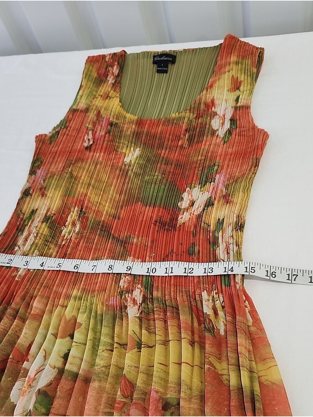 Caeliann Floral Pleated Dress Sleeveless Plisse Green Orange Sz Lg Forest Fairy - Picture 8 of 9